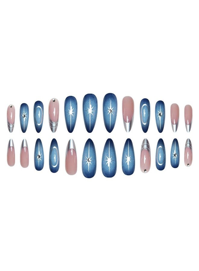OSTTMA 24Pcs Almond Press on Nails Short Fake Nails with Star Designs Gradient Blue Acrylic Nail Silver French Tip Glue on Nail with Rhinestones Metallic Style 3D Nails Press ons False Nails for Women - Image 5
